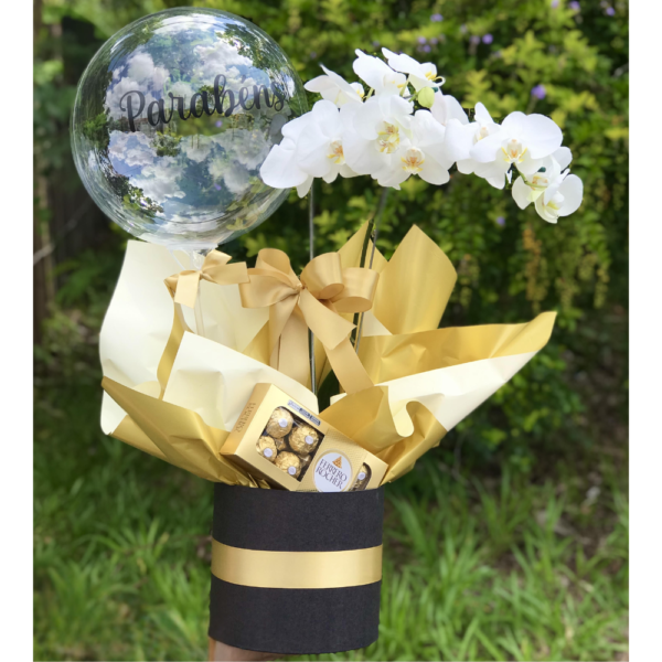 Orquídea no Box com Balão e Ferrero Rocher