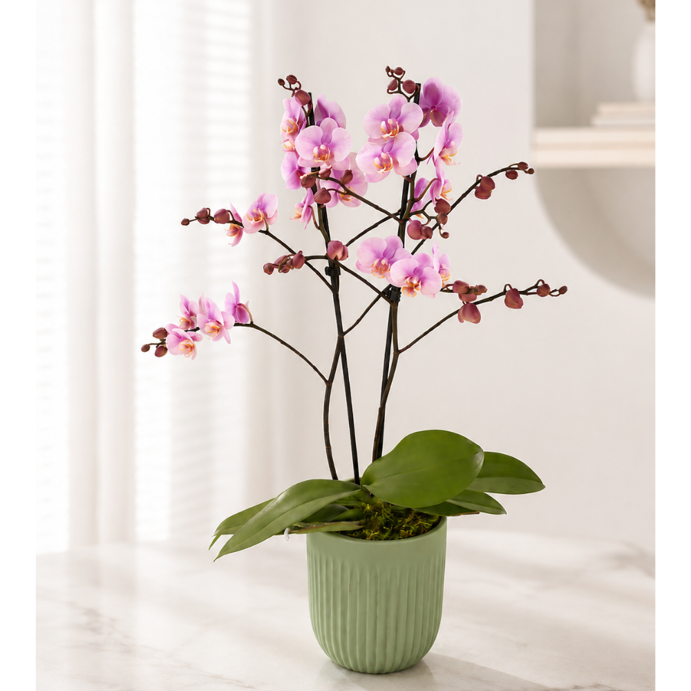 Mini orquídea Rosa no Vaso de Cerâmica Verde