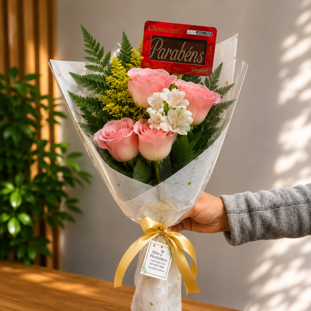 Ramalhete de 4 Rosas Cor de Rosa com card Parabéns